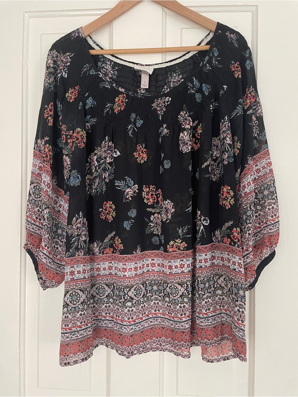Knox Rose Black Floral Boho Blouse with Coral Pink Border